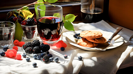 Bright morning snacks with cookies berries and juice on white linen cloth