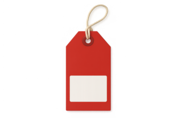 Red price tag or blank label with a white field and string, preparing for sale or special offer on transparent background