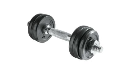 Isolated dumbbell on black background, showcasing steel grip & weight plates