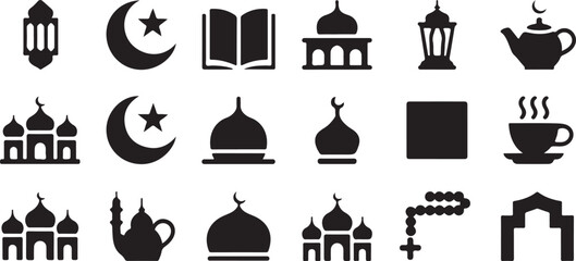 Islamic cultural symbols and objects in silhouette on a transparent background