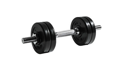 Naklejka premium A chrome barbell loaded with black weight plates, isolated on a stark black background