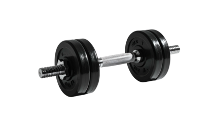 A chrome barbell loaded with black weight plates, isolated on a stark black background
