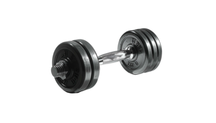 A detailed, isolated view of a dumbbell, showcasing weights and a silver bar against black