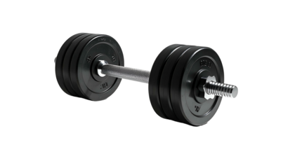 A black dumbbell with weight plates on each end, isolated on a solid black background