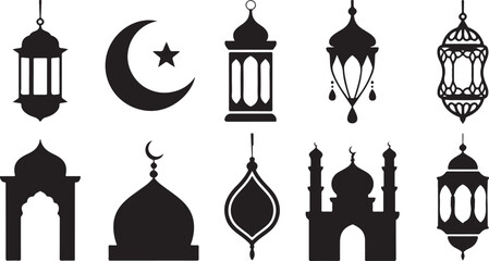 Islamic decorative elements and architecture in silhouette on a transparent background