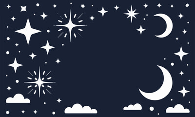 Night sky with crescent moons stars and clouds in white on dark blue background simple flat illustration