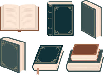 Collection of open and closed books in different covers and styles arranged for display illustration