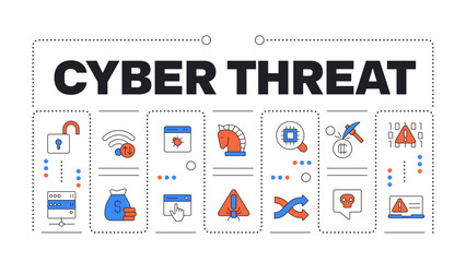 Cyber threat word concept isolated on white. Access management, system hacking. Software vulnerability. Creative illustration banner surrounded by editable line colorful icons. Hubot Sans font used