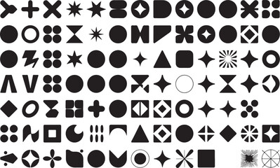 Geometric shapes and symbols in black on transparent background variety of abstract patterns and icons