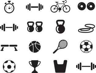 Gym fitness and sports equipment vector icons including dumbbells bicycle kettlebells and basketball tennis soccer balls
