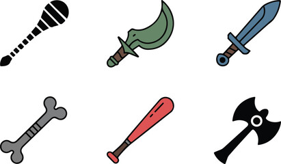 Collection of medieval weapons icons, mace, scimitar, sword, bone, baseball bat, and battle axe, warrior arsenal