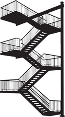black silhouette of an outdoor metal fire escape stair structure on transparent background