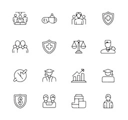Diverse outline icons for medical, justice, and educational concepts featuring people, shield, and graph
