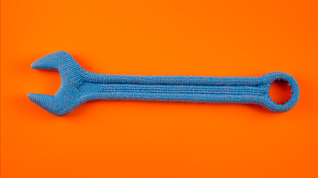 Adjustable wrench made of knitted blue wool on an orange background. Concept of soft tools and ineffective solutions