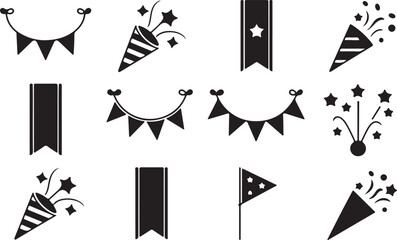 Party celebration icons and elements like confetti poppers and bunting on transparent background