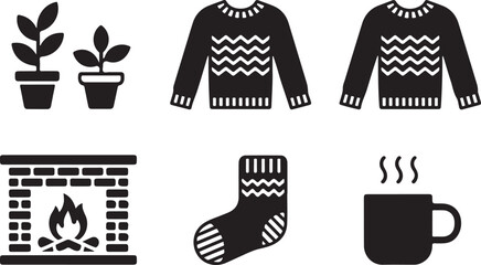 Cozy winter icons like sweaters fireplace sock and hot drink on transparent background