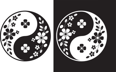 Elegant yin yang symbol with cherry blossoms on contrasting backgrounds representing balance and harmony in nature