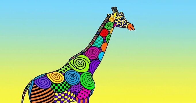Colorful patterned giraffe silhouette against a vibrant gradient sky at sunset