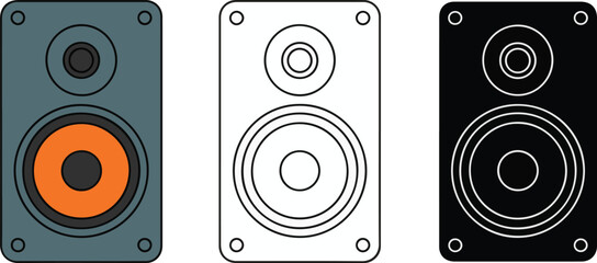 Three different illustrations of a speaker with varying styles including a colored version an outline and a solid black silhouette