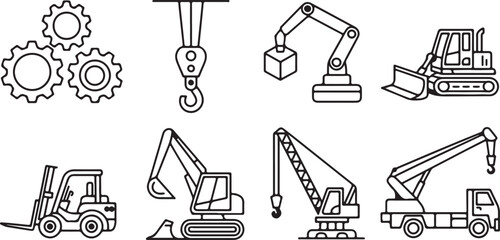 Eight outline icons of various construction vehicles and machinery including gears crane excavator bulldozer and forklift