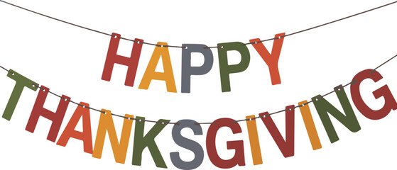Happy thanksgiving banner with colorful letters hanging on string isolated on transparent background vector