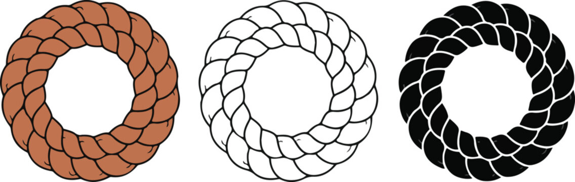 Three different illustrations of a coiled rope in a circular shape with varying styles including colored outline and silhouette
