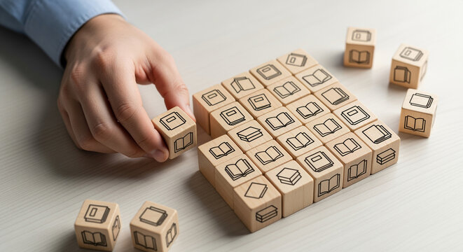 Library Resource Management A human hand organizes wooden cubes with book icons, showing the systematic methodology for cataloging and distributing educational materials for problem-solving - Powered by Adobe