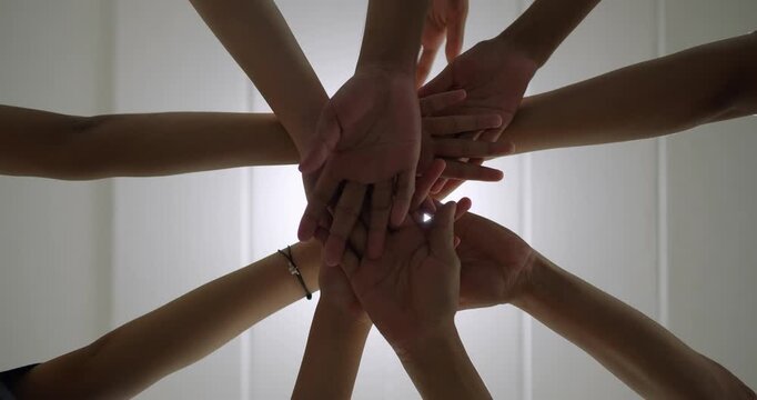 Successful team, many hands holding together on white background
