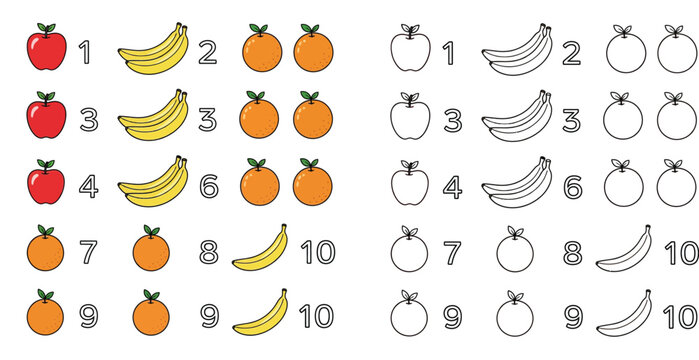 Educational fruit counting vector set with numbers and coloring book outline for kids math learning and worksheet design.