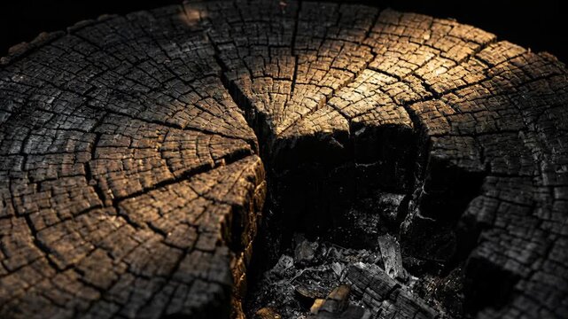 A close up macro view of a burnt wood log cross section. Warm golden light highlights the intricate tree rings and cracked texture against a dark