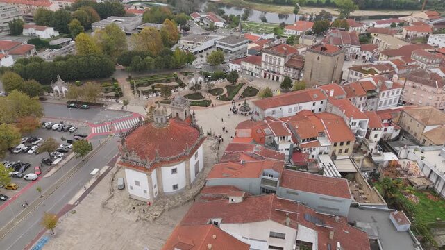 aerial view of Barcelos town square and rooftops in Minho Portugal
