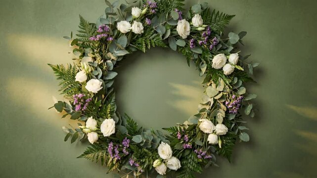 A circular floral wreath featuring white roses, eucalyptus leaves, and delicate purple statice flowers. Set against a textured green wall with soft
