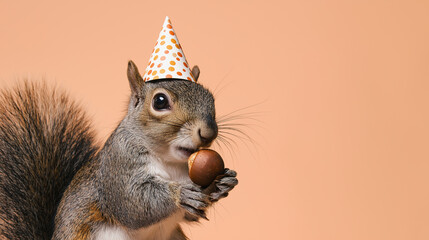Obraz premium Squirrel in party hat with acorn. Perfect for invitations, birthday cards, social media posts, and animal themed designs.