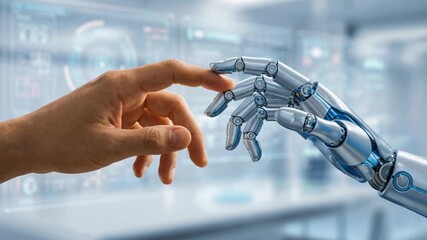 A close-up shot shows a human hand and a robotic arm reaching out to touch fingertips against a backdrop of a modern laboratory with glowing - Powered by Adobe