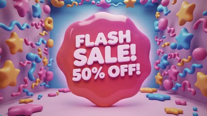 Vibrant 3D Graphic: Flash Sale 50% Off Promotion in a Playful Studio Scene - Powered by Adobe