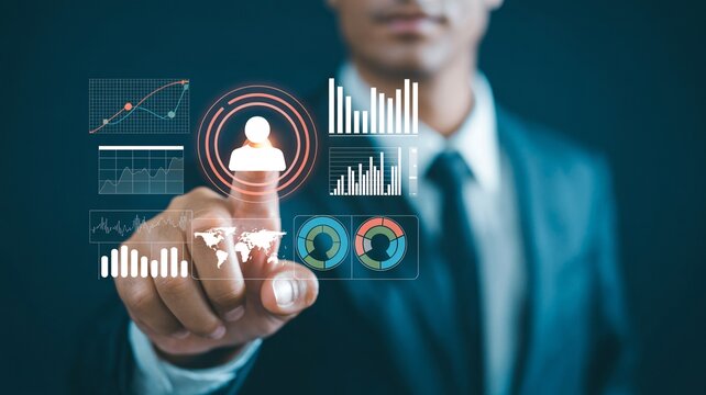 A businessman interacts with digital marketing analytics on a virtual interface - Powered by Adobe