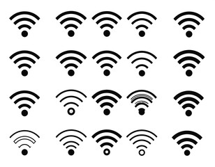 Black and white collection of various Wi-Fi signal strength icons