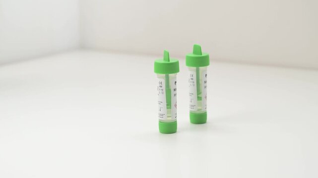 Healthcare worker in protective gloves taking a test tube for stool sample analysis in a lab
