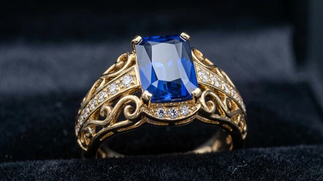 Detailed macro shot of an ornate gold ring featuring a large emerald-cut blue sapphire surrounded by small diamonds set in intricate filigree