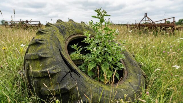 A weathered tractor tire overgrown with green plants sits in a grassy field. Old farm equipment is visible in the background under a cloudy sky