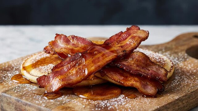 A mouthwatering stack of fluffy golden pancakes drenched in sweet maple syrup and topped with crispy bacon strips. Dusted with powdered sugar on a
