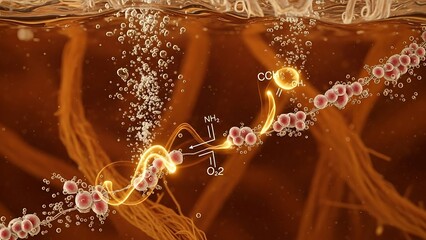 Molecular visualization of DNA/RNA structure with chemical compounds and scientific notation on brown background. 