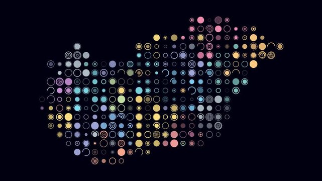 Hungary map animation. Shape of the country with pulsating colored dots. Large size circle blocks. Digital style Hungary map on dark background. Beautiful video.