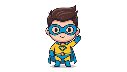 Illustration of a cute cartoon superhero character with blue and yellow costume, mask, and cape waving hello, representing bravery and heroism