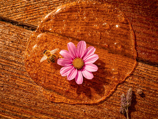 Honey Splashed on Old Wooden Table with Pink Flower and Bee, Top View Macro Photography. Golden Liquid Texture with Beautiful Nature Elements, Organic Sweet Concept.