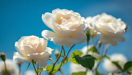 A close-up of white roses in full bloom, contrasting beautifully against a clear blue sky.