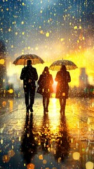 Silhouettes Walking Through Golden Rain