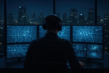 Surveillance: A figure meticulously monitors digital data streams displayed across multiple screens against a backdrop of the illuminated cityscape.