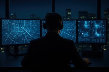 Cyber Sentinel: A lone figure, immersed in the digital realm, monitors data streams across multiple screens within a high-tech command center at night, overseeing urban landscape.