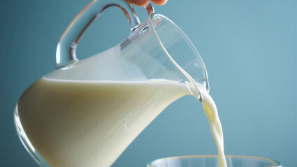 Pouring a glass of milk from a clear pitcher with a blue background